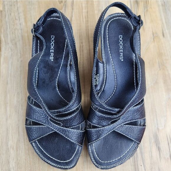 🐞Dockers Black Leather Wedge Sandals Size 6 - Picture 9 of 12